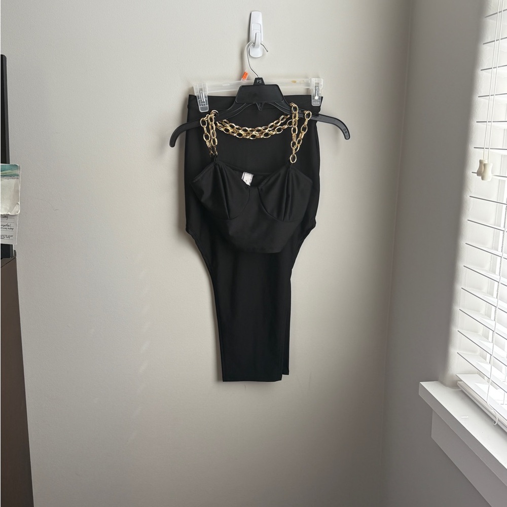 Black Skirt Set with Gold Chain Straps